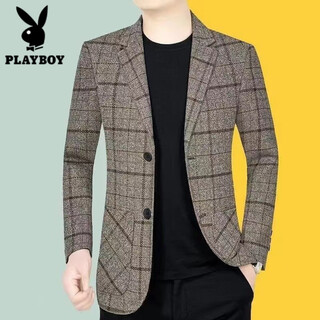 Playboy (playboy) suit jacket men's new autumn and winter business casual autumn and winter style middle-aged men's plaid suit korean version trendy khaki plus velvet thickened xl recommended 115-130 jin jin equals 0.5 kg