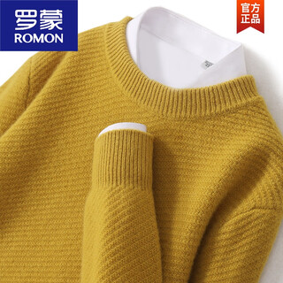 Romon's new autumn and winter men's woolen sweater round neck solid color business sweater loose casual thickened wool knitted bottoming sweater mustard yellow s