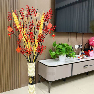 Mppmck fortune red fruit new year's eve living room artificial flower floor decoration fake flower ornaments wedding decoration housewarming flower arrangement with bottle 10 fruits 2 fans 2 barley