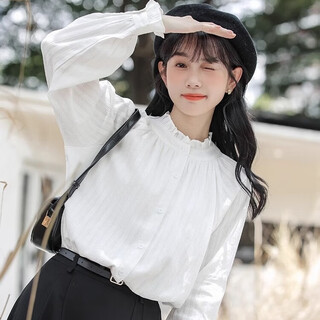 Hao'e french sweet white shirt for women with stand-up collar and earrings spring and autumn long-sleeved tops japanese layered lace shirt as base stand-up collar and earrings white shirt m