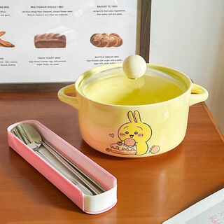 Fancychic shop cute usaki ceramic instant noodle bowl with lid spoon for student dormitory instant noodle bowl with lid + stainless steel cutlery 1-inch double-ear custard bunny cake