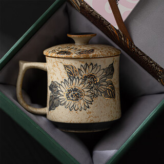 Xi yuanji hand-painted blue and white flint red tea cup ceramic water cup with lid office mug chinese antique cup hand-painted blue and white flint red song dynasty water cup-sunflower