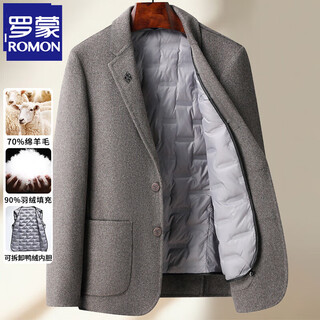 罗蒙（ROMON）羊毛西服男士秋冬毛呢保暖商务休闲单西外套中年爸爸修身免烫西装 【灰咖色】【90%】【可脱卸内胆 XL 180 (体重141-155斤)
