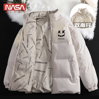 Nasamitoo double-sided cotton jacket for men, autumn and winter american fashion brand loose warm thickened cotton jacket, feather little devil down jacket 2218 beige (ba21) l (weight 120-140jin jin equals 0.5 kg)
