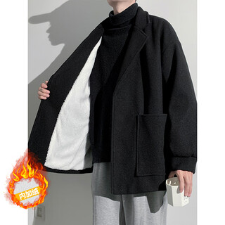 Shelley jones korean handsome short woolen coat men's autumn and winter trendy woolen coat loose casual small suit windbreaker black (plus velvet) thickened xl recommended 125-145jin jin equals 0.5 kg
