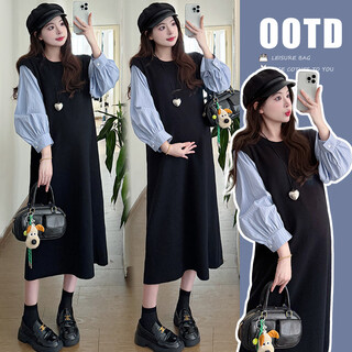 Ran qiqi pregnant women spring and autumn dress 2025 new fashion fake two-piece loose shirt spliced long skirt autumn pregnant women skirt picture color l