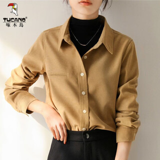 Woodpecker thickened brushed layered long-sleeved shirt women's autumn and winter retro pure cotton shirt versatile commuting professional top 8510 coffee color s