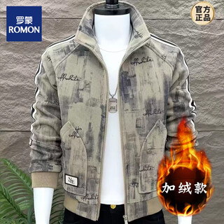 Romon's new autumn and winter printed velvet men's stand-collar jacket, trendy and versatile slim fit top, casual and fashionable camouflage jacket, military green, velvet, weight (150-165) jin jin equals 0.5 kg 3xl