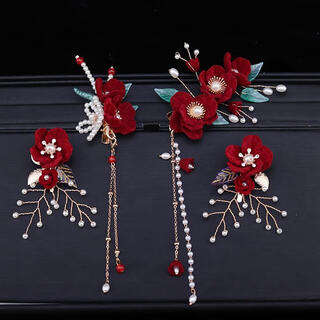 Fujiu bride xiuhe clothing headwear women's toast clothes hair accessories 2025 new simple and attractive new chinese style engagement cheongsam hairpin 797 red flower hairpin set