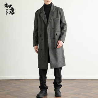Early tang woolen coat men's mid-length windbreaker suit collar double-breasted spring and autumn coat long jacket dark gray 3xl