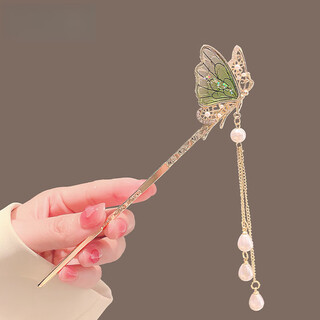Early period (zaoji) butterfly tassel hairpin female style simple modern new chinese style hairpin ancient style walking hairpin hanfu headdress green butterfly hairpin 1 piece set