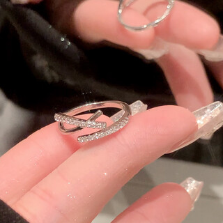 Hua youxin persimmon silver double layer open ring women's niche design zircon ring index finger ring women's fashion personalized tail ring silver cross line-open ring