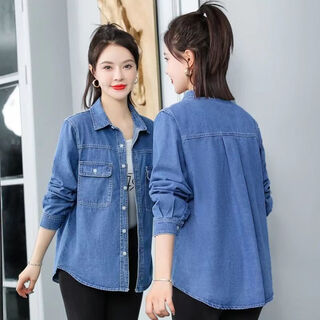 Lan junqi spring and autumn new denim shirt women's large size loose slim casual long-sleeved shirt jacket thin layered top trendy blue xl 115-125jin jin is equal to 0.5 kg