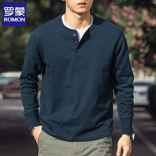 Romon american retro henley long-sleeved t-shirt for men 2025 spring 250g pure cotton side seamless henley collar bottoming shirt denim blue 250g pure cotton m reference 125-140jin jin equals 0.5 kg