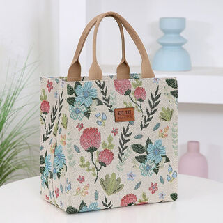 Tuzun new style work bag with lunch box, thickened out lunch handbag, canvas mommy portable small bag, good appearance, off-white flowers, upgraded style with zipper pocket on the back