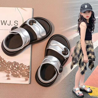 Han dou xiong children's princess sandals 2025 new summer student girls baby soft soled fashionable middle-aged girls beach sandals silver upgraded model 34 size inner length approximately 20.9cm