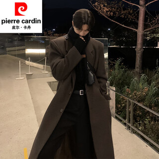 皮尔卡丹（pierre cardin）春秋韩版美拉德毛呢大衣男感中长款垫肩风衣过膝宽松呢子外套 咖啡色（单里衬） M