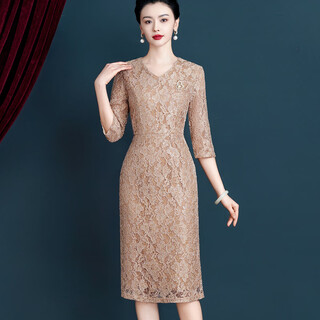 Little deer champagne color happy mother-in-law dress spring and summer 2025 season happy mother's wedding banquet young and western-style dress wedding clothes champagne color 7-quarter sleeve spring and autumn clothes fashionable and western-style noble xl 110~120jin jin is equal to 0.5 kg wear