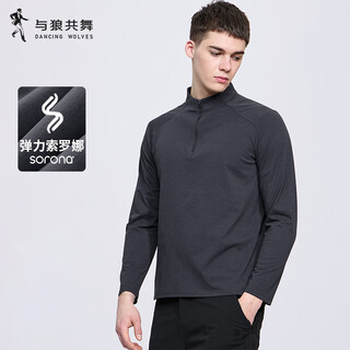 Dances with wolves light sports stand collar half zipper long sleeve t-shirt men's 2025 autumn solona elastic casual top 6004 black gray 002 xl (175)