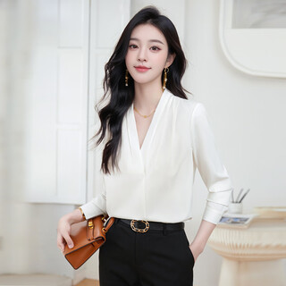 Troman white professional shirt women's long-sleeved v-neck temperament casual no-iron spring and autumn inner top slimming chiffon shirt
