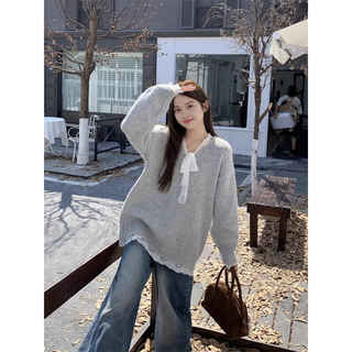 Shimmering lace bow stitching loose long-sleeved sweater women's 2025 autumn lazy style sweater mid-length top lace sweater gray one size
