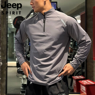 Jeep spirit jeep fitness long-sleeved men's loose elastic half-zip sports t-shirt running spring and autumn basketball training cycling jersey carbon gray m