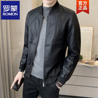 Romon haining trendy spring and autumn new leather jacket men's casual short stand-up collar baseball uniform handsome motorcycle leather jacket black p719 m