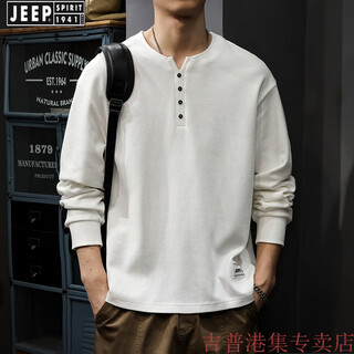 Jeep spirit autumn and winter new style 2025 pure cotton henry collar men's sweatshirt loose long-sleeved t-shirt american top white bottoming shirt white suitable weight 160-180jin jin equals 0.5 kg 2xl