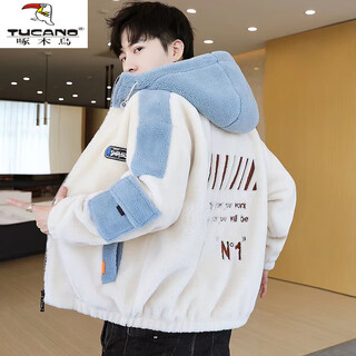 Woodpecker 2026 new color-blocked hooded cotton coat for men, fashionable korean version of polar fleece, trendy brand, handsome lamb velvet jacket for men, m7 beige, plus velvet and thickening, xl 120-135jin jin is equal to 0.5 kg