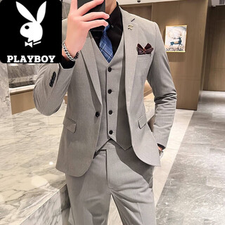 Playboy (playboy) men's suit suit korean version slim fit groom wedding formal dress casual british iron-free suit jacket 1818 light gray suit + pants + vest xl recommended 120-135 jin jin equals 0.5 kg