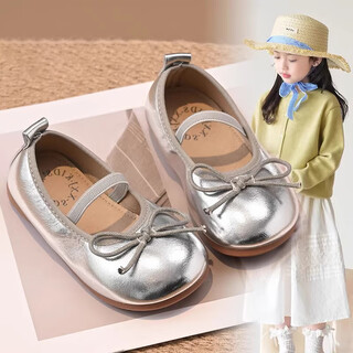 乐卡利童鞋女童皮鞋小女孩公主鞋儿童单鞋2025年春夏新款时尚软底鞋子 银色韩版32码内长19.2cm