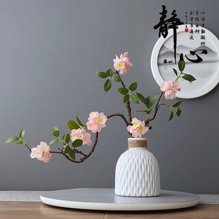 Mppmck zen chinese style simulation flower living room decoration flower arrangement entrance hall fake plum blossom peach blossom floor ornaments linen rope white vase + pink plum blossom