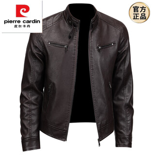 Pierre cardin leather jacket men's spring and autumn new style stand-up collar handsome biker leather jacket winter men's jacket trendy brown-spring and autumn 6xl recommended 200-220jin jin equals 0.5 kg