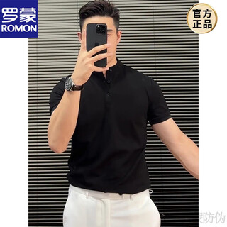 Romon business henry polo.shirt half-sleeved men's summer high-quality handsome style fitness cuffs right shoulder short-sleeved t-shirt black xl