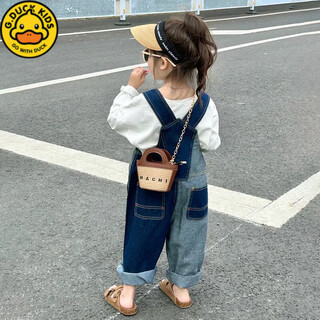 G.DUCKKIDS小黄鸭女童牛仔背带裤春秋季新款宝宝时髦撞色牛仔裤儿童韩范早秋 拼色AB 背带裤 90