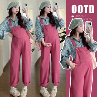 Maternity overalls spring and autumn two-piece suit large size outer wear maternity spring pants small long-sleeved tops for women plaid shirt + overalls xl