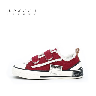 Xvessel children's velcro low-cut round toe casual versatile trendy canvas shoes children's shoes with sticky straps chinese red sticky straps burgundy s20x02a 22