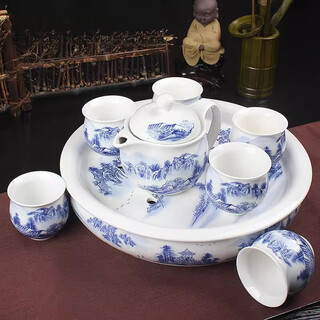 Fat donglai same style tea set complete set for home living room blue and white porcelain double layer ceramic simple kung fu double layer tea set + tea tray good mountains and good water 8 pieces