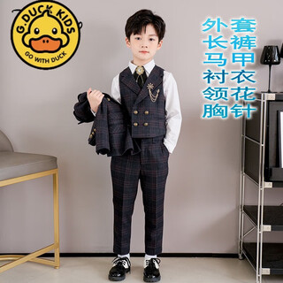 G.DUCKKIDS小黄鸭儿童西服套装帅气花童小西装英伦男童礼服中大童钢琴演出服 深蓝外套+马甲+衬衣+裤子+领花胸针 140 cm建议体重58-68斤