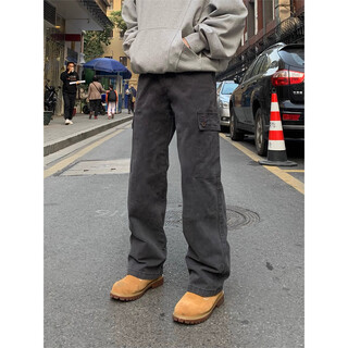 Bo mingchen jeans men's spring and autumn american retro washed distressed trousers loose straight workwear commuter casual pants men gray l recommended 110-125jin jin equals 0.5 kg