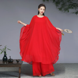 Zhufan zen dance costume dance costume summer large size long skirt for fat mm large swing skirt chiffon literary retro age reducing tea clothes zen clothes red l 120/135jin jin is equal to 0.5 kg