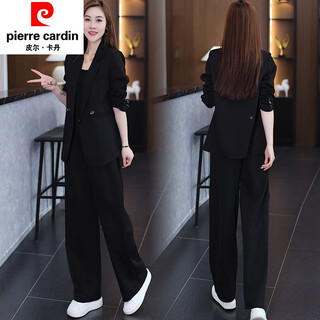 Pierre cardin early spring casual suit women's 2025 spring and autumn new korean style professional suit jacket wide leg pants two-piece set black 3xl (recommended 145-155 jin jin equals 0.5 kg)