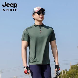Jeep (jeep) outdoor mountaineering hiking short-sleeved ice silk quick-drying t-shirt men's sports morning running half-zip quick-drying clothing cycling suit summer aj71 chinese army green cool short-sleeved l recommended 100/120jin jin equals 0.5 kg