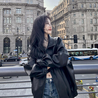 Garnuo black leather jacket women's high-quality small 2025 new spring autumn winter american retro motorcycle leather jacket black m 106-125jin jin is equal to 0.5 kg