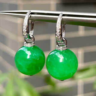 Lzjv yang mi's same style jade earrings zhengyang green ice type spicy green round beads dry green sterling silver jade earrings fashionable earrings for women 14mm round beads zhengyang green earrings