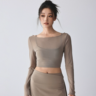Yoga girl fake two-piece yoga wear long sleeves with padded mesh quick-drying pilates fitness wear sports top almond m (95-115jin jin equals 0.5kg)