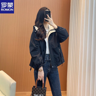 Romon 2025 new style windbreaker jacket for women, spring and autumn style, hooded, casual, versatile, small, short, sports black, black (2321 without/velvet) m 110jin jin is equal to 0.5 kg within