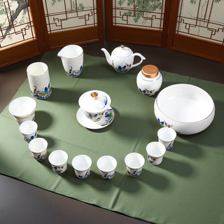 Ryu chunliu light luxury high-end gold silk enamel complete set of kung fu tea set thin body mutton fat jade white porcelain bowl set gift box haiwen crane tea ceremony 15 pieces