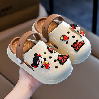 儿童洞洞鞋男童夏季2025新款哪吒拖鞋室内厚底防滑外穿沙滩鞋凉鞋 卡其色 34 -35码【内长22cm】