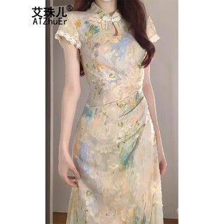 Aizhuer's new chinese style dress slimming floral cheongsam improved unique temperament beautiful waist tea break french long dress summer cheongsam dress m